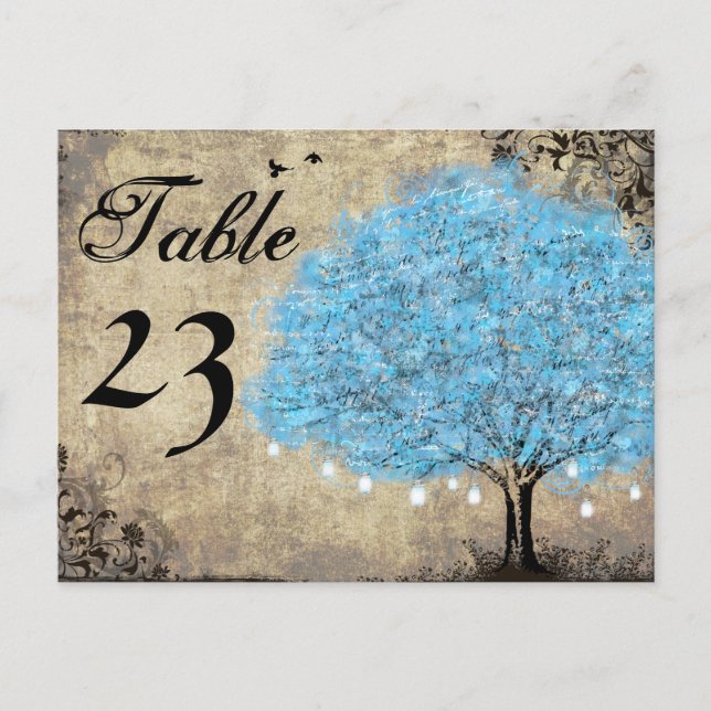 Vintage Blue Tree Table Numbers Postcard (Front)