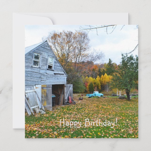Vintage Blue Truck and Barn Birthday Flat Card (Front)