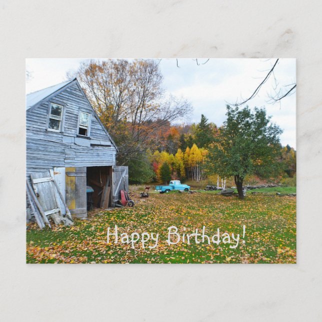 Vintage Blue Truck and Barn Birthday PostCard (Front)
