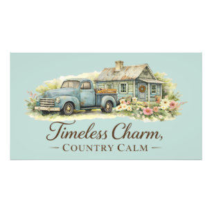 Vintage Blue Truck Cottage Wildflower Calm Photo Print