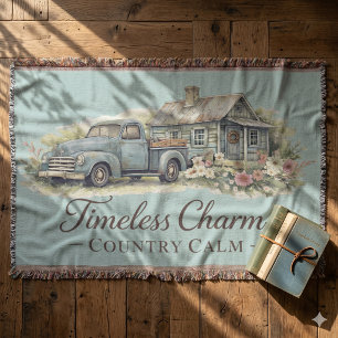 Vintage Blue Truck Cottage Wildflower Calm Throw Blanket