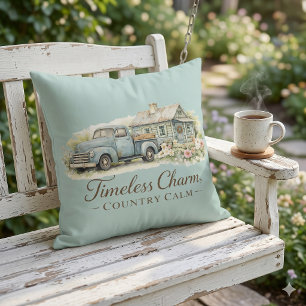 Vintage Blue Truck Cottage Wildflower Calm  Throw Pillow