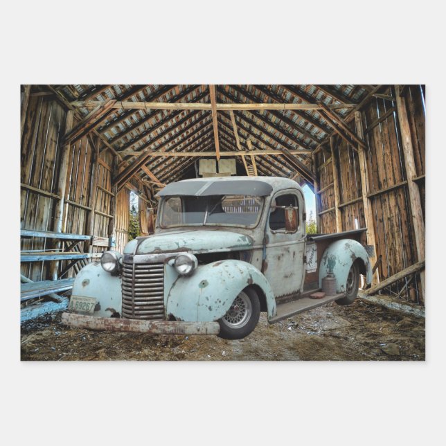 Vintage Blue Truck Rustic Barn Wrapping Paper Sheet (Front)