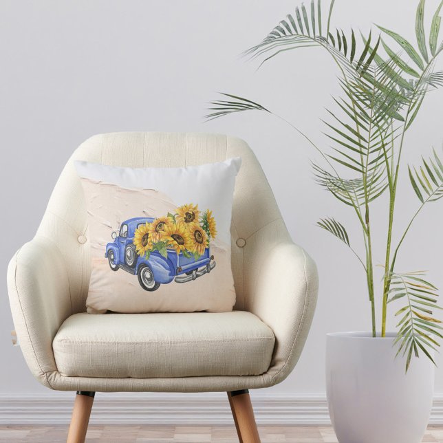 Vintage Blue Truck Sunflowers  Throw Pillow (Creator Uploaded)