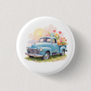 Vintage Blue Truck with Easter Eggs & Tulips 1 Inch Round Button