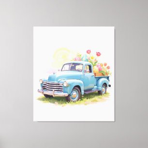 Vintage Blue Truck with Easter Eggs & Tulips Canvas Print