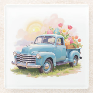 Vintage Blue Truck with Easter Eggs & Tulips Glass Coaster