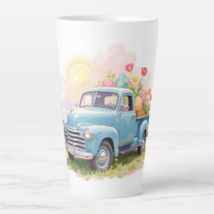 Vintage Blue Truck with Easter Eggs & Tulips Latte Mug