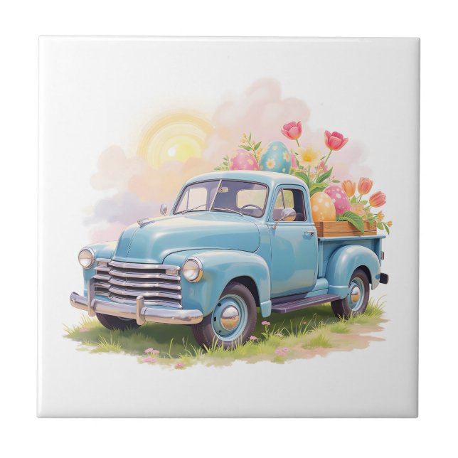Vintage Blue Truck with Easter Eggs & Tulips Tile (Front)