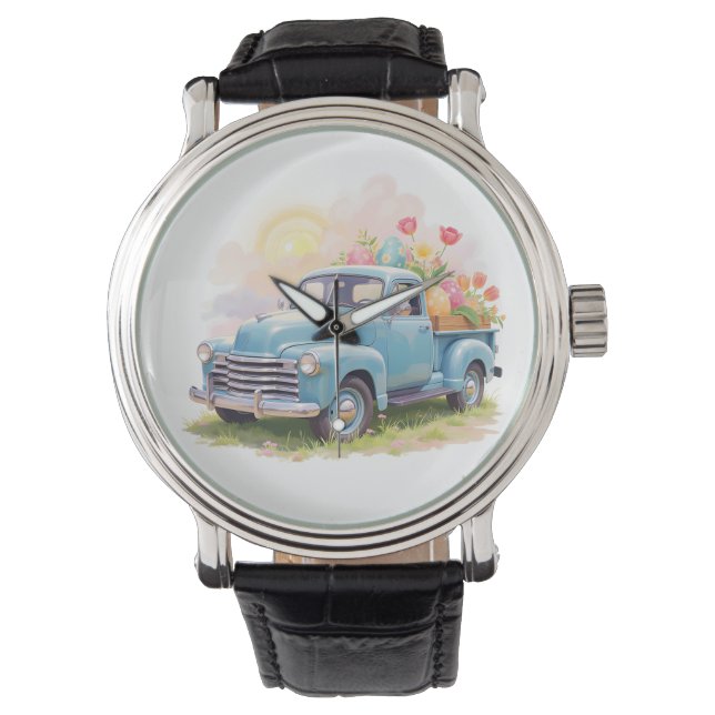 Vintage Blue Truck with Easter Eggs & Tulips Watch (Front)
