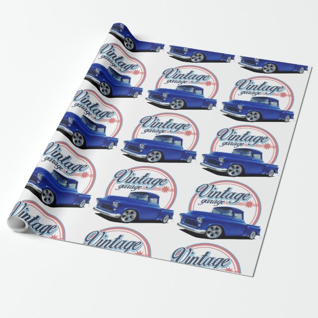 Vintage Blue Truck Wrapping Paper (Unrolled)