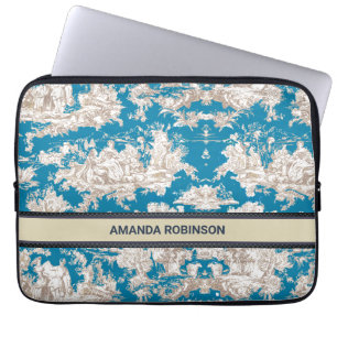 Vintage blue turquoise toile de jouy monogram laptop sleeve