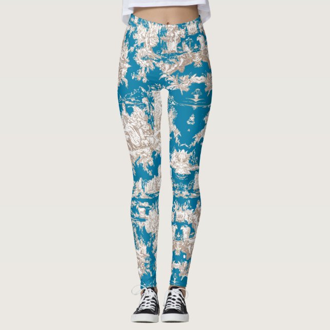 Vintage blue turquoise toile de jouy monogram leggings (Front)