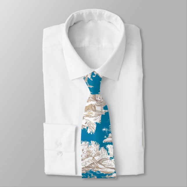 Vintage blue turquoise toile de jouy monogram tie (Tied)