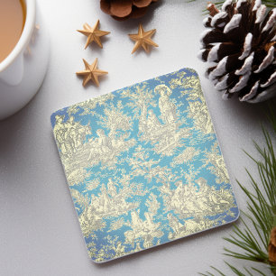 Vintage Blue Turquoise Toile de Jouy Scenic Stone Coaster