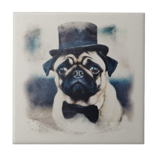 Vintage BLue Tux Pug Portrait Tile