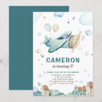 Vintage Blue Watercolor Airplane Kids Birthday