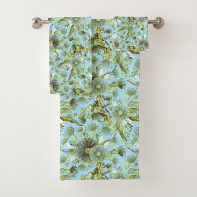 Vintage Blue Wattle and Eucalyptus Bath Towel Set (Insitu)