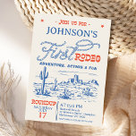Vintage Blue Western Desert Rodeo 1st Birthday Invitation<br><div class="desc">Vintage Blue Western Desert Rodeo 1st Birthday Invitation

Boy's blue and red first rodeo birthday invitation featuring a desert landscape,  rope style and other western style font text.</div>