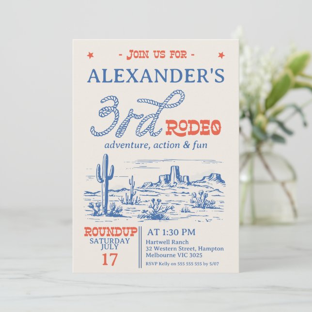 Vintage Blue Western Desert Rodeo 3rd Birthday Invitation (Standing Front)