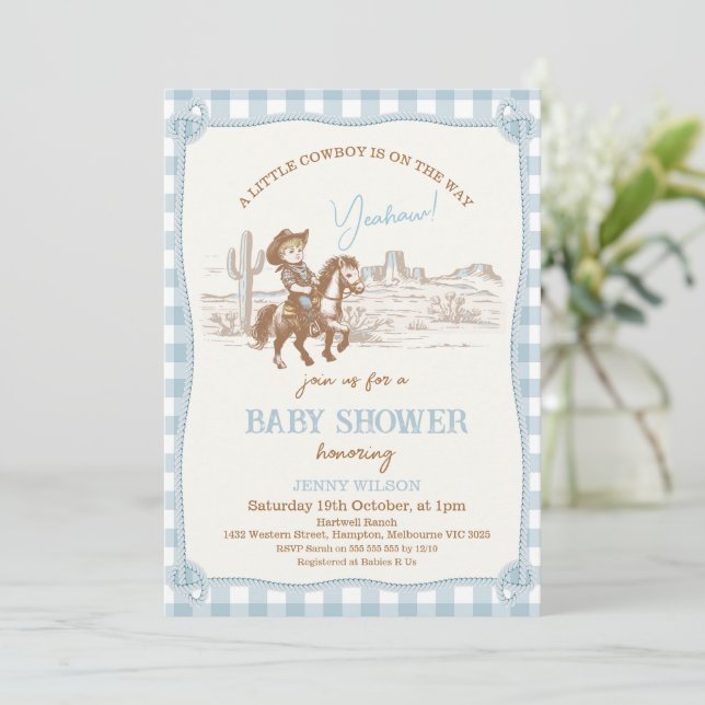 Vintage Blue Western Little Cowboy Baby Shower Invitation (Standing Front)