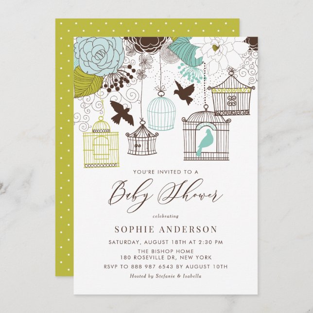 Vintage Blue Whimsical Birdcages Baby Shower Invitation (Front/Back)