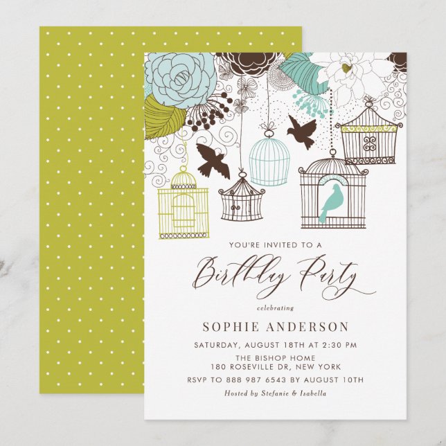 Vintage Blue Whimsical Birdcages Birthday Invitation (Front/Back)