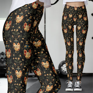 Vintage Blue White Birds Jade Floral Red Botanical Leggings