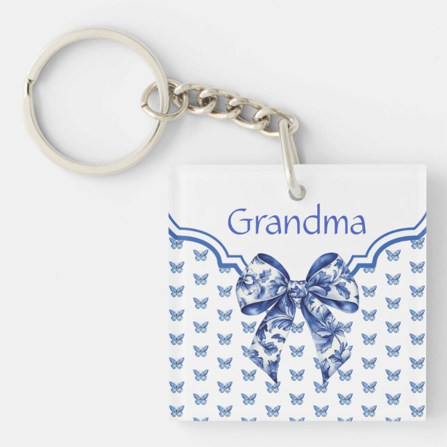 Vintage Blue White Butterfly Bow Personalized Keychain (Front)
