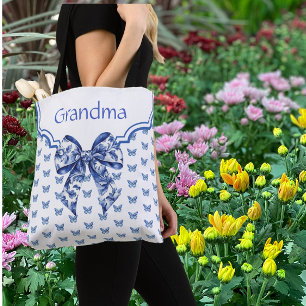 Vintage Blue White Butterfly Bow Personalized Tote Bag