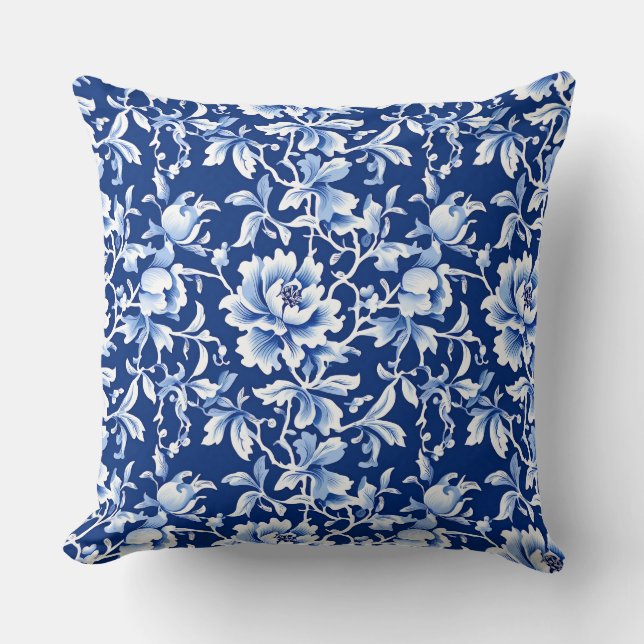 Vintage Blue & White Chinoiserie Floral Throw Pillow (Front)