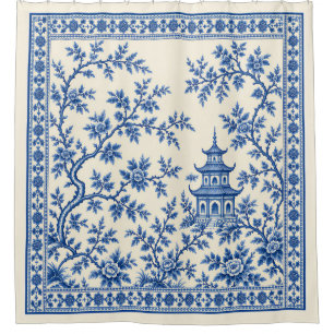 Vintage Blue White Chinoiserie Pagoda Floral