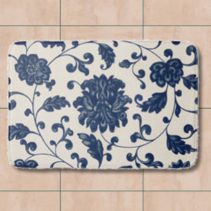 Vintage Blue White Chinoiserie Pattern Floral Bath Mat