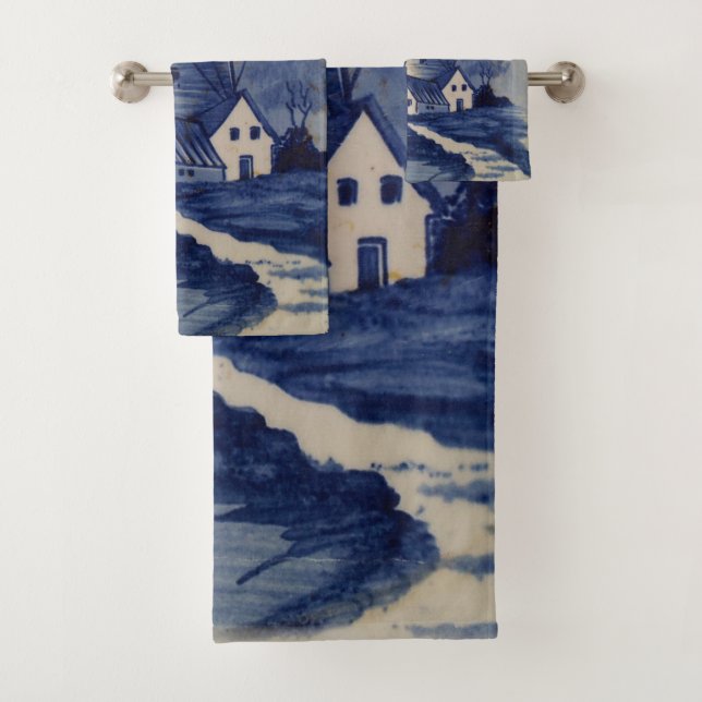 Vintage Blue White Delft Windmill Bath Towel Set (Insitu)