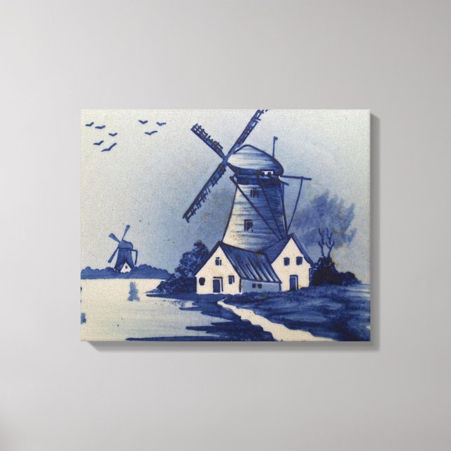Vintage Blue White Delft Windmill Canvas Print (Front)