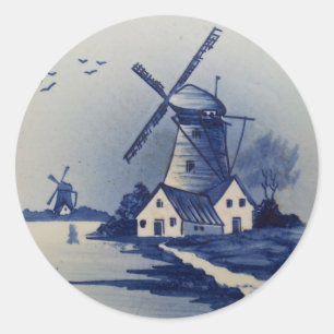 Vintage Blue White Delft Windmill Classic Round Sticker
