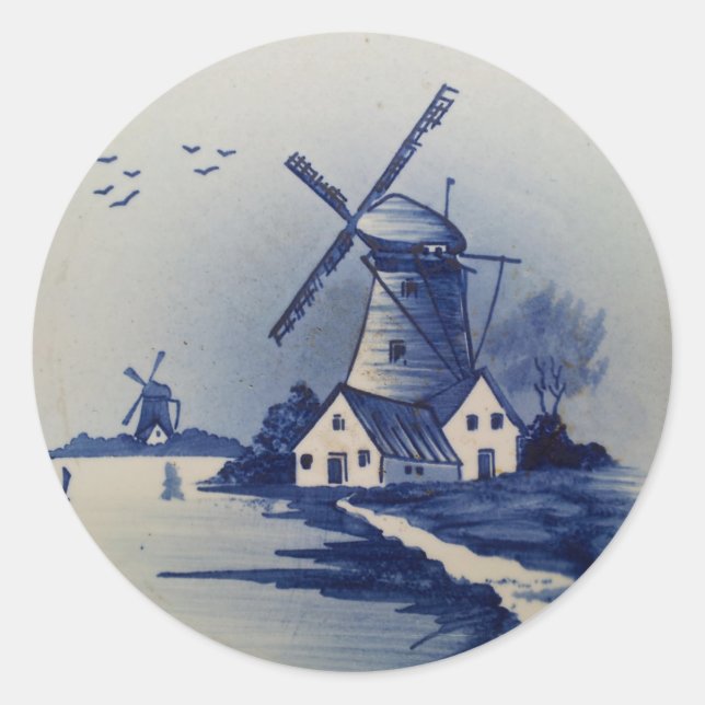 Vintage Blue White Delft Windmill Classic Round Sticker (Front)