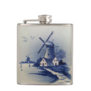 Vintage Blue White Delft Windmill Hip Flask