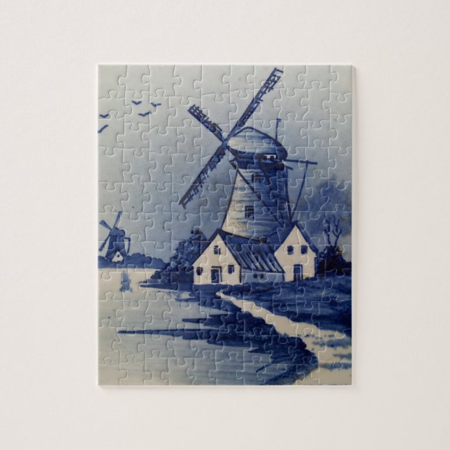 Vintage Blue White Delft Windmill Jigsaw Puzzle (Vertical)