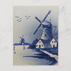 Vintage Blue White Delft Windmill Postcard
