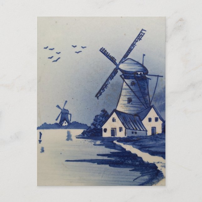 Vintage Blue White Delft Windmill Postcard (Front)