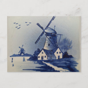 Vintage Blue White Delft Windmill Postcard
