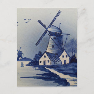 Vintage Blue White Delft Windmill Postcard
