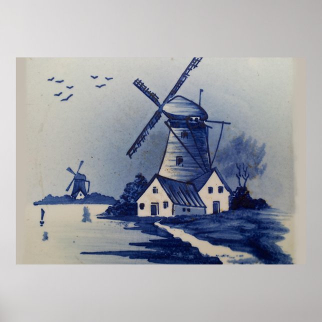 Vintage Blue White Delft Windmill Poster (Front)
