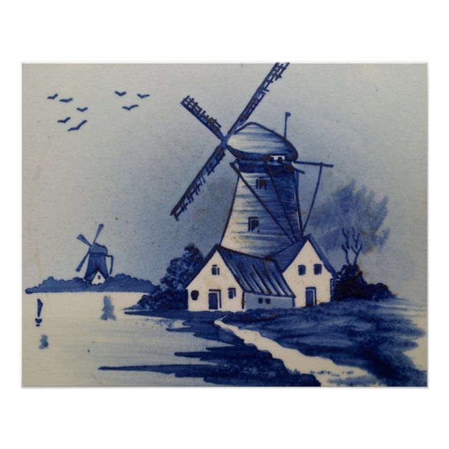 Vintage Blue White Delft Windmill Poster (Front)