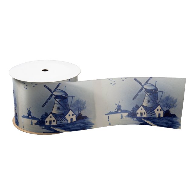Vintage Blue White Delft Windmill Satin Ribbon (Spool)