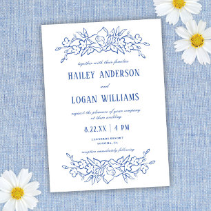 Vintage Blue & White Floral Elegant Wedding Invitation