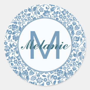 Vintage Blue White Floral Pattern Personalised Classic Round Sticker