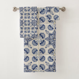  Vintage Blue White Geometric Floral Pattern Bath Towel Set