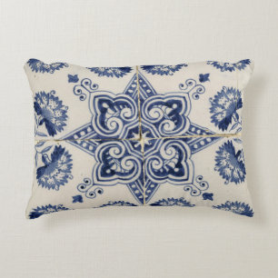 Vintage Blue White Geometric Flower Pattern  Accent Pillow